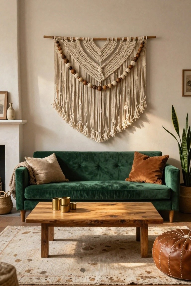 Living room with a large cream macrame wall hanging featuring wooden beads above a green velvet sofa, wooden coffee table with gold cups, beige rug, leather pouf, plants, and fireplace.