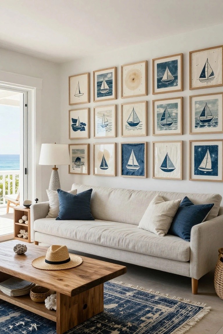 Living room featuring a grid of framed blue-toned sailboat prints on a white wall above a light gray sofa, with a wooden coffee table, blue rug, and ocean view through glass doors.
