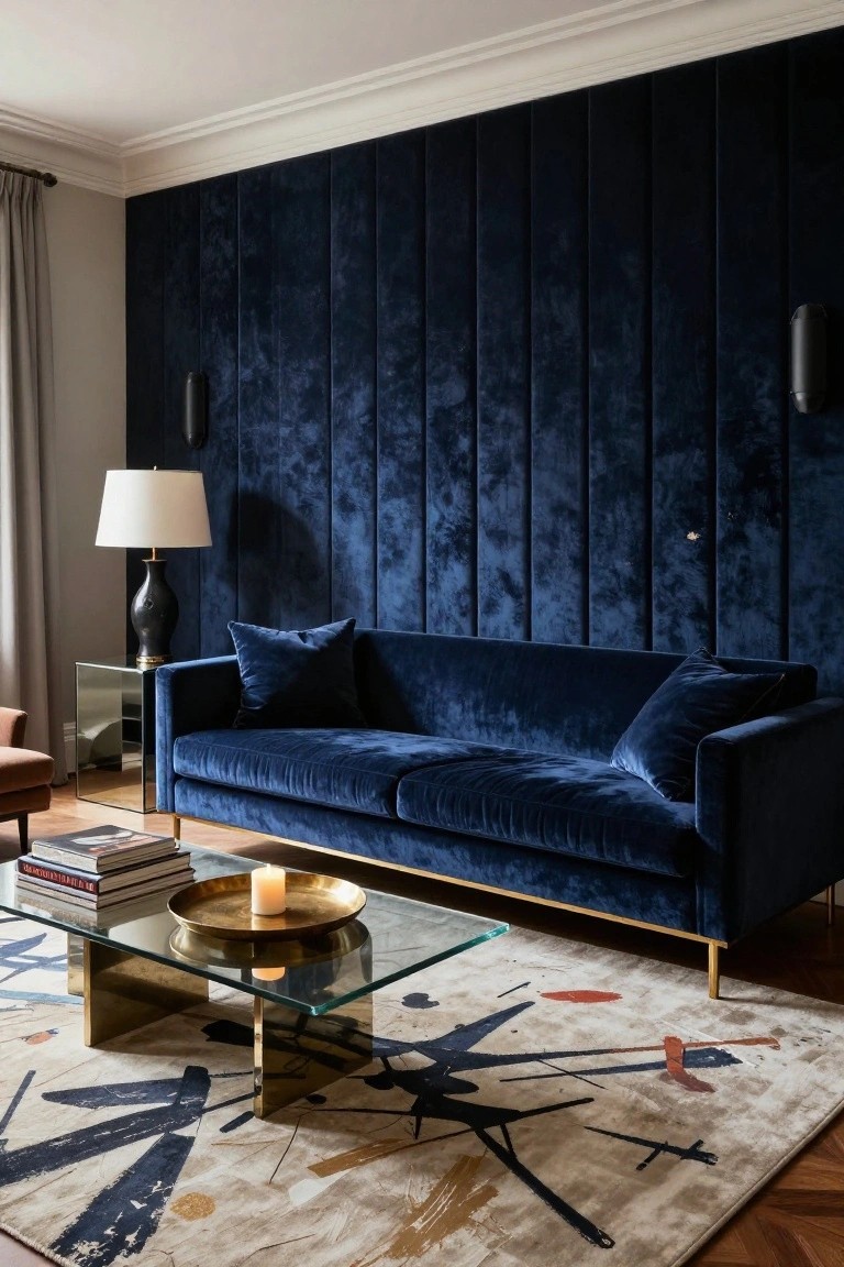 Living room with navy blue tufted velvet wall panels behind a matching navy velvet sofa, glass coffee table with brass base, abstract rug, and side lamp on mirrored table.