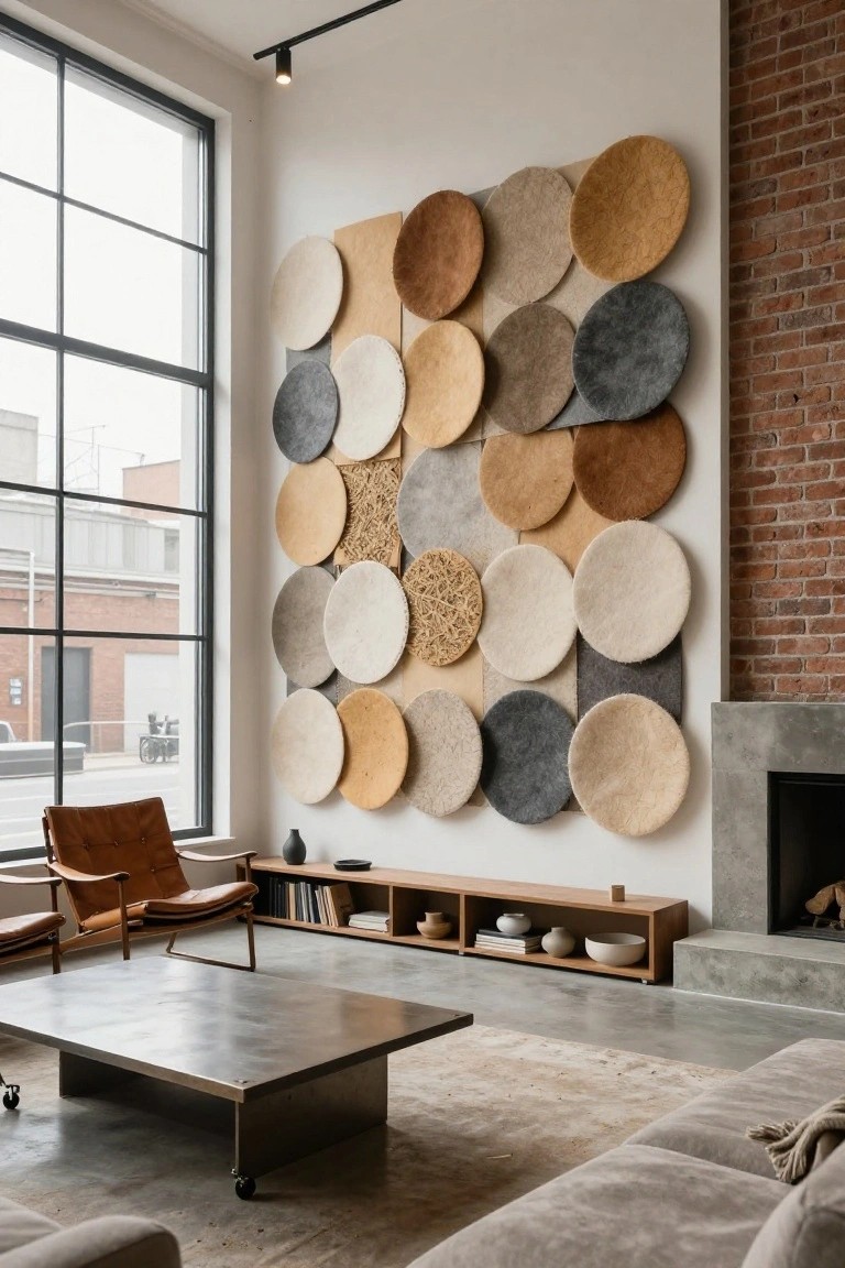 Living room with a large wall of overlapping circular felt panels in beige, gray, and brown tones next to a brick wall and large industrial window, tan leather chairs, wooden media console, metal coffee table on wheels, and beige sofa.