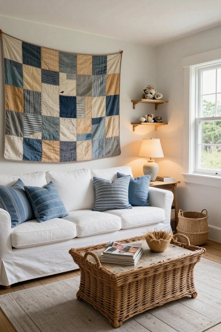 Living room corner with a large patchwork quilt hanging on the wall above a white sofa with blue pillows, a wicker coffee table with books, table lamp on a side table, and window light.