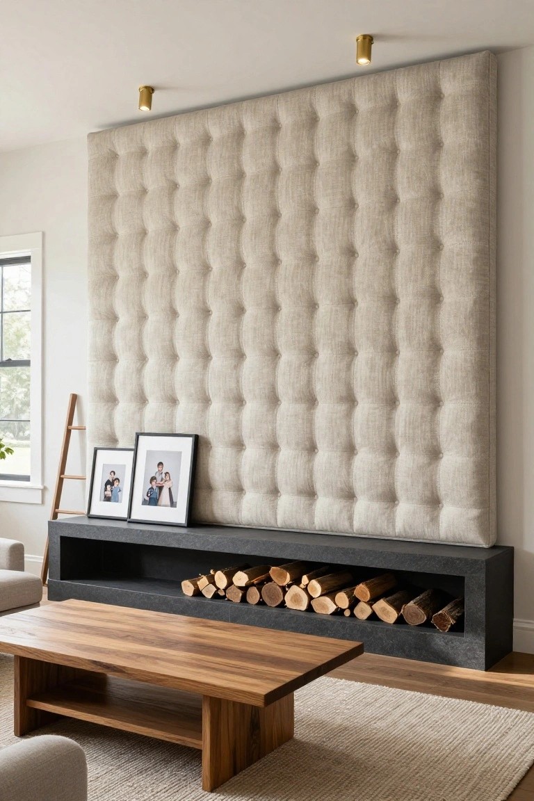 Living room with large tufted beige fabric wall rising above black stone fireplace containing stacked firewood, two framed family photos on the hearth edge, wooden coffee table centered in front, beige armchairs nearby, and light wood flooring.