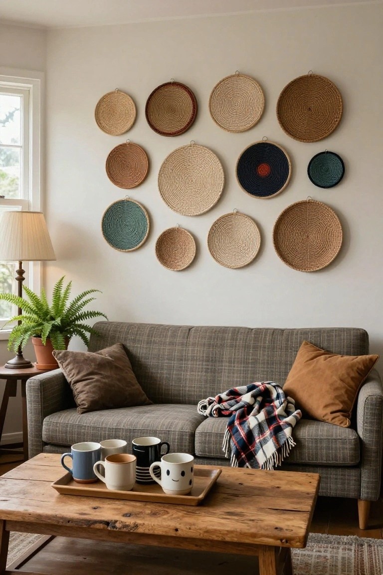 Living room with multiple woven baskets in various sizes and earthy tones hung on a white wall above a gray plaid sofa and wooden coffee table holding ceramic mugs.