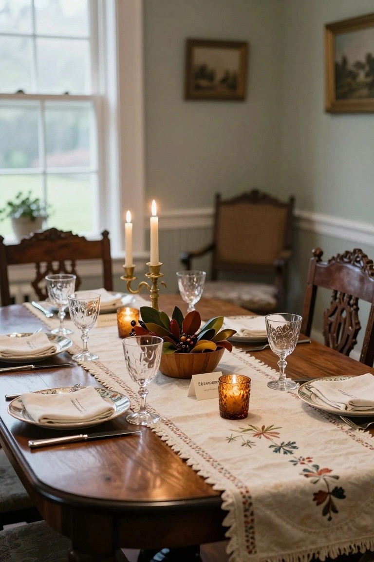 Wooden dining table in a pale green room set for a meal with white plates and napkins, crystal glassware, embroidered table runner, gold candelabra with lit taper candles, amber votive holders, and a wooden bowl centerpiece of magnolia leaves, berries, and fruit.