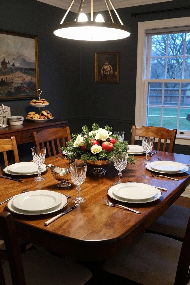 Dining room table set for Christmas dinner with a centerpiece of white roses, red apples, pine branches in a silver bowl, crystal stemware, white plates, and wooden chairs in a room with dark walls and artwork.