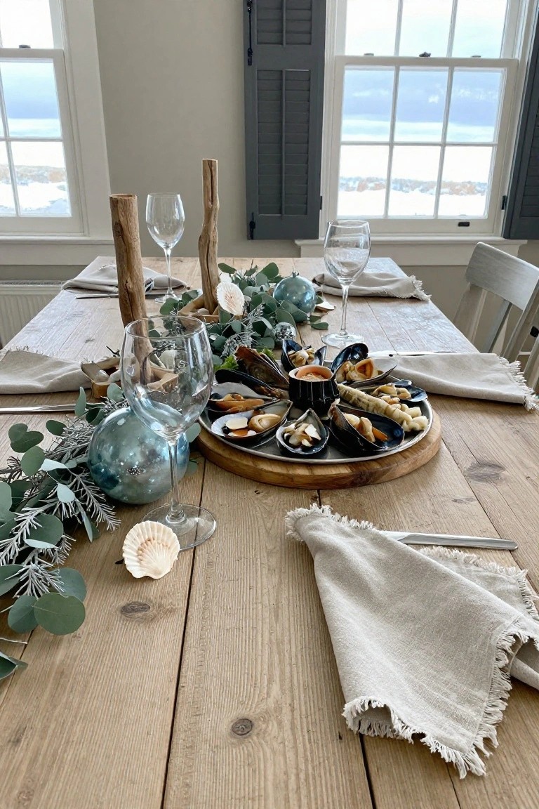 Wooden dining table decorated for Christmas with a round platter of mussels and seafood, eucalyptus garland, blue glass ornaments, driftwood candleholders, wine glasses, beige linen napkins, and seashells, set against windows overlooking a snowy ocean view.