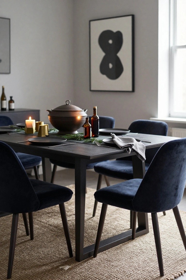 Dining room table set for Christmas dinner with a dark wood surface, fir branch runner, white candles, gold geometric shakers, black plates, linen napkins, brown ceramic pot centerpiece, amber bottles, and navy velvet chairs around it on a seagrass rug.
