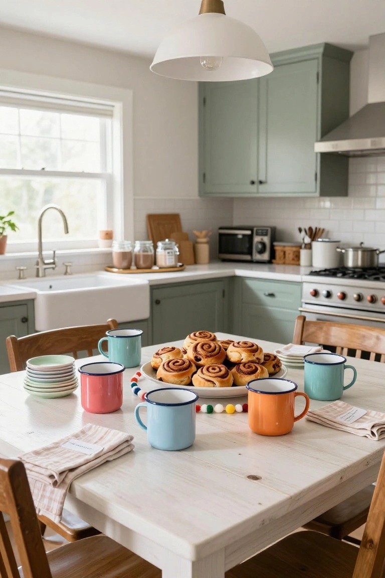 Kitchen table with a white plate piled high with cinnamon rolls surrounded by colorful enamelware mugs in teal, pink, blue, and orange, stacked plates, beige napkins, wooden chairs, green cabinets, white farmhouse sink, and stainless appliances in the background.
