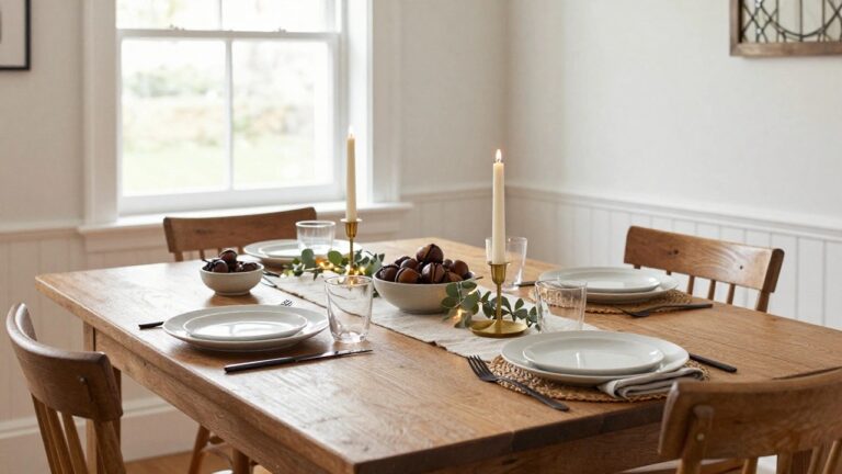 21 Family Christmas Table Decor Ideas That Celebrate Togetherness Wooden dining table set with white plates, napkins, taper candles in brass holders, eucalyptus garland with fairy lights, bowl of chestnuts and grapes, seagrass placemats, and wooden chairs in a white-walled room with large gridded windows.