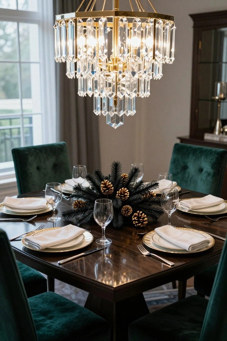 Dining table set for Christmas dinner with central evergreen branch and gold pinecone centerpiece, white napkins on gold-rimmed plates, wine glasses, emerald green velvet chairs, and crystal chandelier overhead.