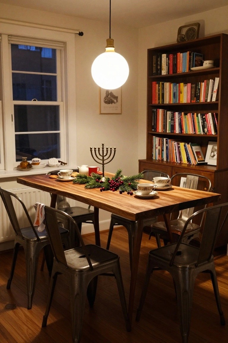 Dining room corner with wooden table centered under a pendant light, decorated with evergreen garland runner, red berries, menorah, teacups on saucers, pastries, and metal chairs, bookshelves and window in background.