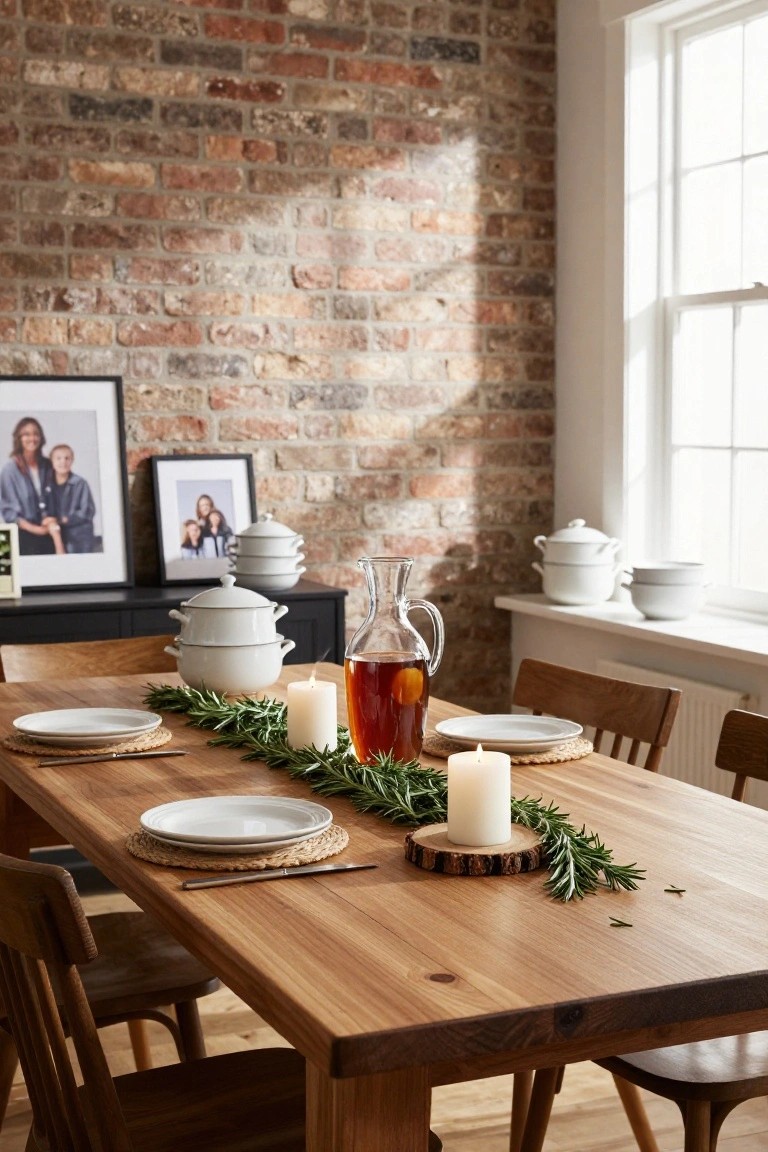 Wooden dining table centered with rosemary garland runner, white pillar candles on bark slices, stacked white plates on rattan placemats, glass carafe of amber liquid, wooden chairs, brick accent wall with family photos and white ceramic bowls on sideboard.