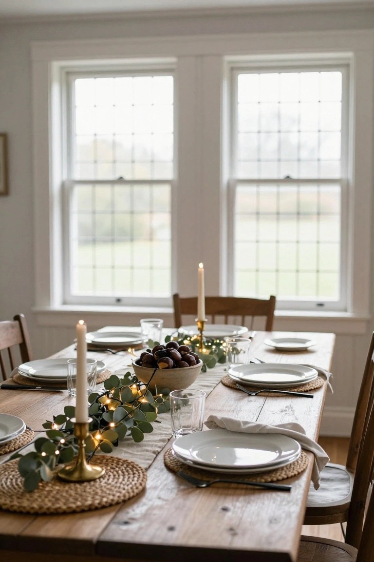 Wooden dining table set with white plates, napkins, taper candles in brass holders, eucalyptus garland with fairy lights, bowl of chestnuts and grapes, seagrass placemats, and wooden chairs in a white-walled room with large gridded windows.