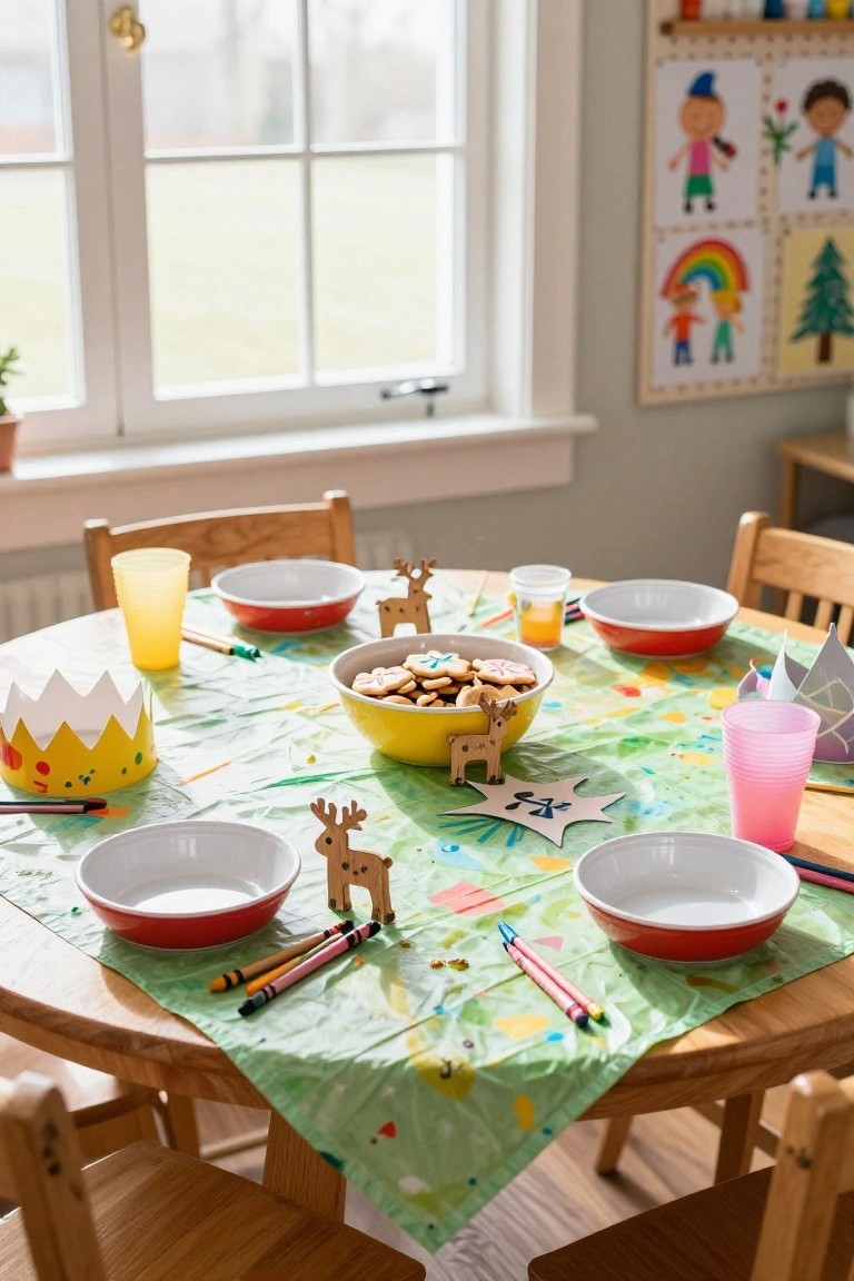 A wooden kids' table in a bright room set with a green patterned tablecloth, empty red-rimmed bowls, a yellow bowl of cookies, wooden reindeer figures, paper crowns, crayons, and plastic cups surrounded by small chairs.