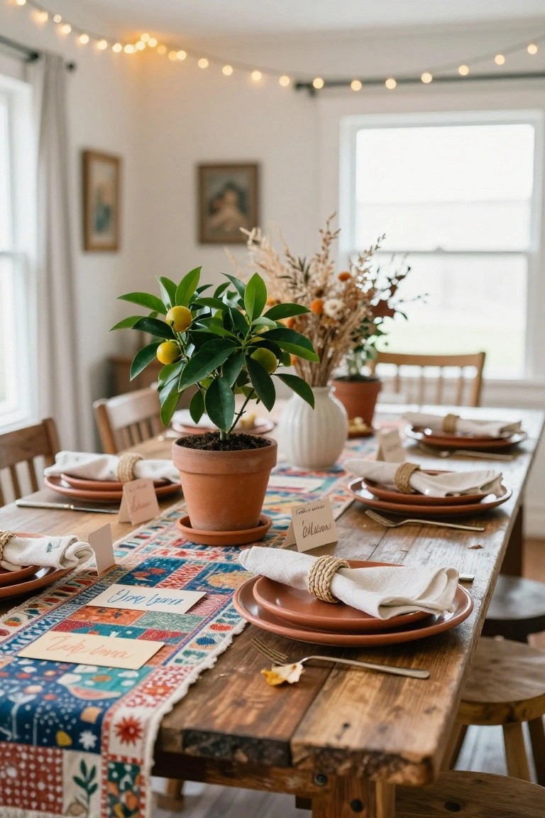 Dining table set for a holiday meal with a central potted lemon tree in terracotta pot, colorful woven runner, terracotta plates, white napkins with rope ties, name cards, dried flowers in vase, and string lights along the ceiling.