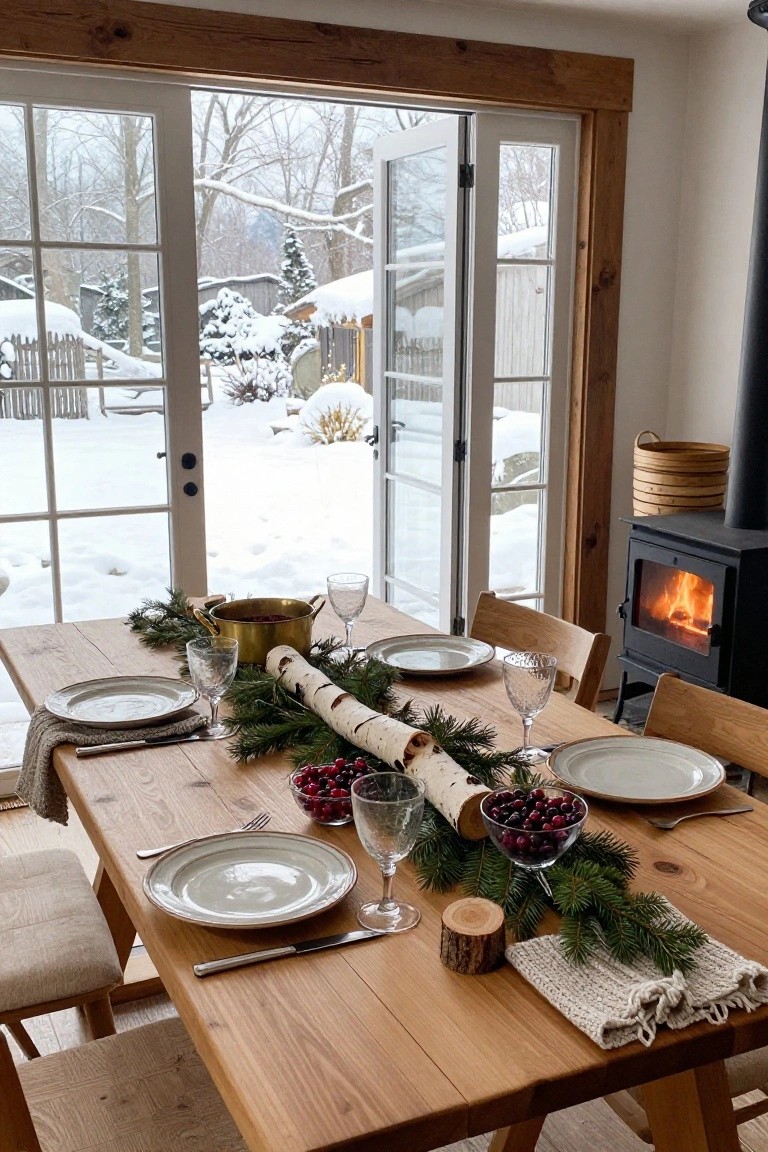 Wooden dining table decorated for Christmas with a birch branch runner, cranberry bowls, evergreen sprigs, white plates, wine glasses, and brass pot, beside a burning wood stove and open doors to snowy yard.