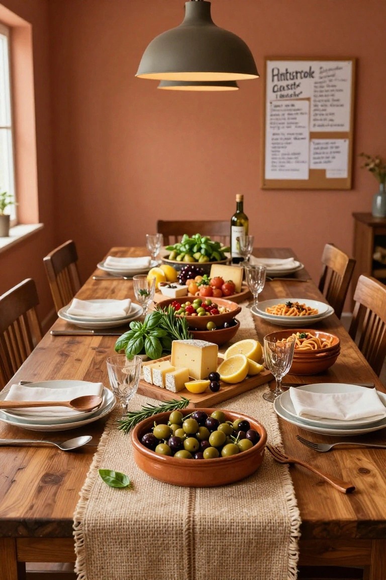 Wooden dining table in a peach-walled room set with platters of cheese, olives, fruits, vegetables, pasta dishes, wine bottles, and glassware, featuring a burlap runner and wooden chairs.