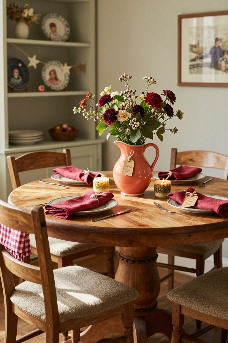 Wooden round dining table set for four with red linen napkins, white plates, small candles, and a large pink jug filled with red dahlias, white flowers, and greenery as the centerpiece, surrounded by wooden chairs in a cozy room with shelves.