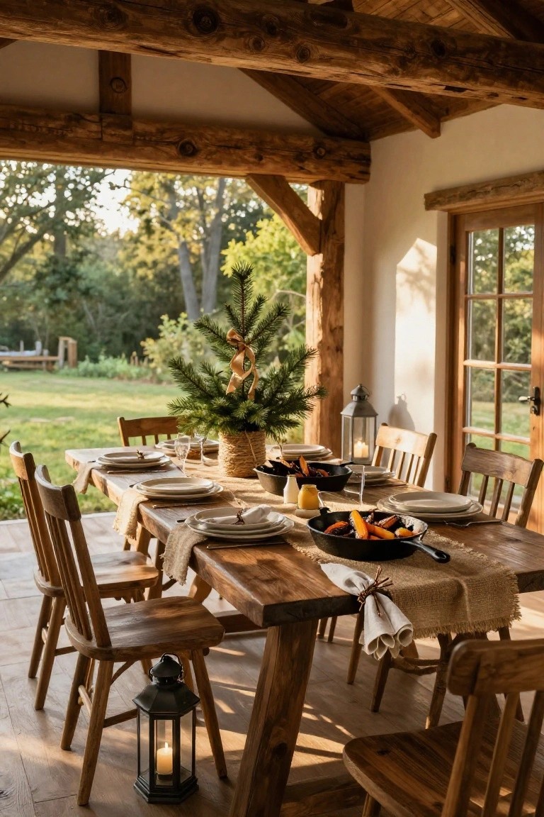 Wooden dining table set for a meal on a covered outdoor porch with timber beams, small decorated Christmas tree centerpiece, lanterns, plates, and serving dishes, overlooking a green lawn and trees.