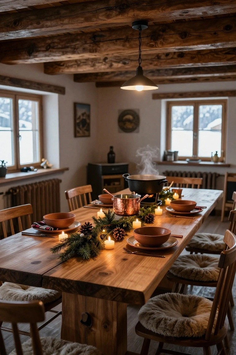 Rustic interior dining area with wooden table set for Christmas using pine branches, candles, terracotta bowls and plates, copper pots, sheepskin chair cushions, wooden beams overhead, and snowy windows.