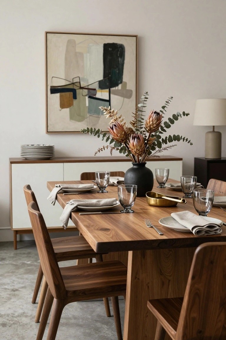 Simple Wood Table with Bold Floral Centerpiece