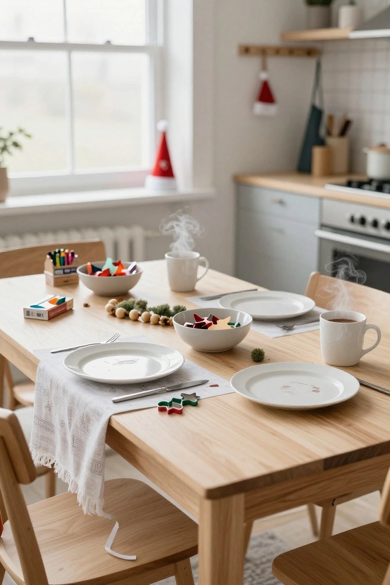Wooden dining table in a light kitchen set with white plates, colorful bowls of holiday shapes, steaming white mugs of tea, wooden bead garland, Santa hats, and children's crayons nearby.