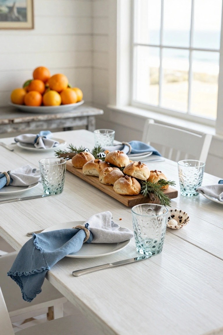 White shiplap dining room with a rectangular wooden board holding bread rolls garnished with rosemary sprigs on a whitewashed table set with textured glassware, blue and white linen napkins, plates, and cutlery, near a window with ocean view and bowl of oranges.