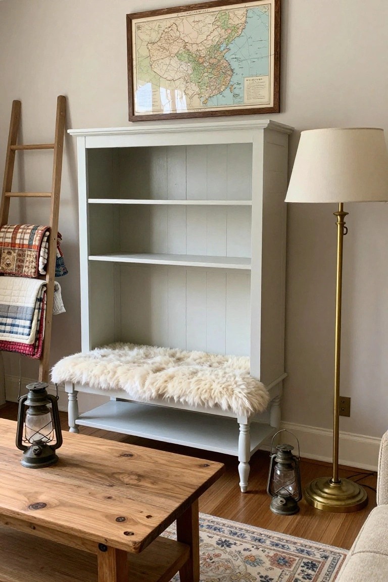 Pale gray open bookshelf with bench seat covered in white sheepskin at the base, wooden ladder draped with quilts beside it, wooden coffee table holding metal lanterns, brass floor lamp, and framed vintage map of China on a light gray wall in a living room.