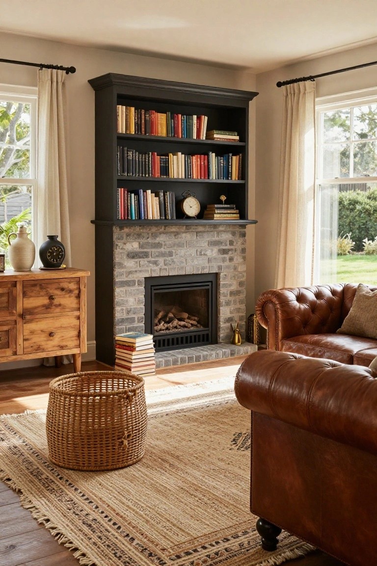 Living room corner with tall black built-in bookshelves flanking a gray brick gas fireplace, wooden sideboard, tan leather tufted sofa, stack of books, woven basket, and large windows with sheer curtains overlooking a garden.