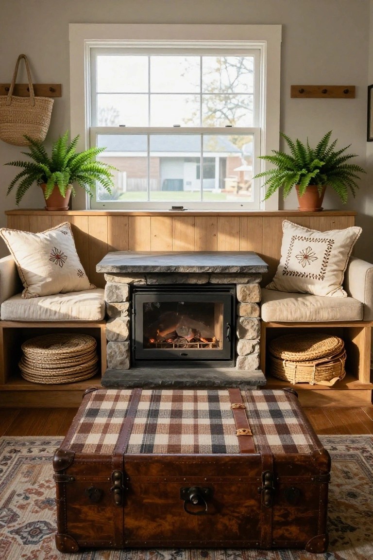 Built-In Benches Around the Fireplace