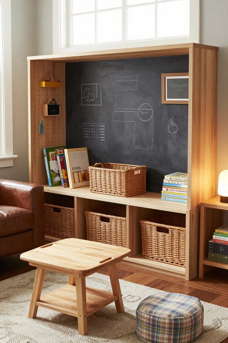 Wooden built-in shelving unit featuring a central black chalkboard panel, wicker baskets, books, and toys, with a leather armchair, wooden stool, and pouf nearby in a bright living room.