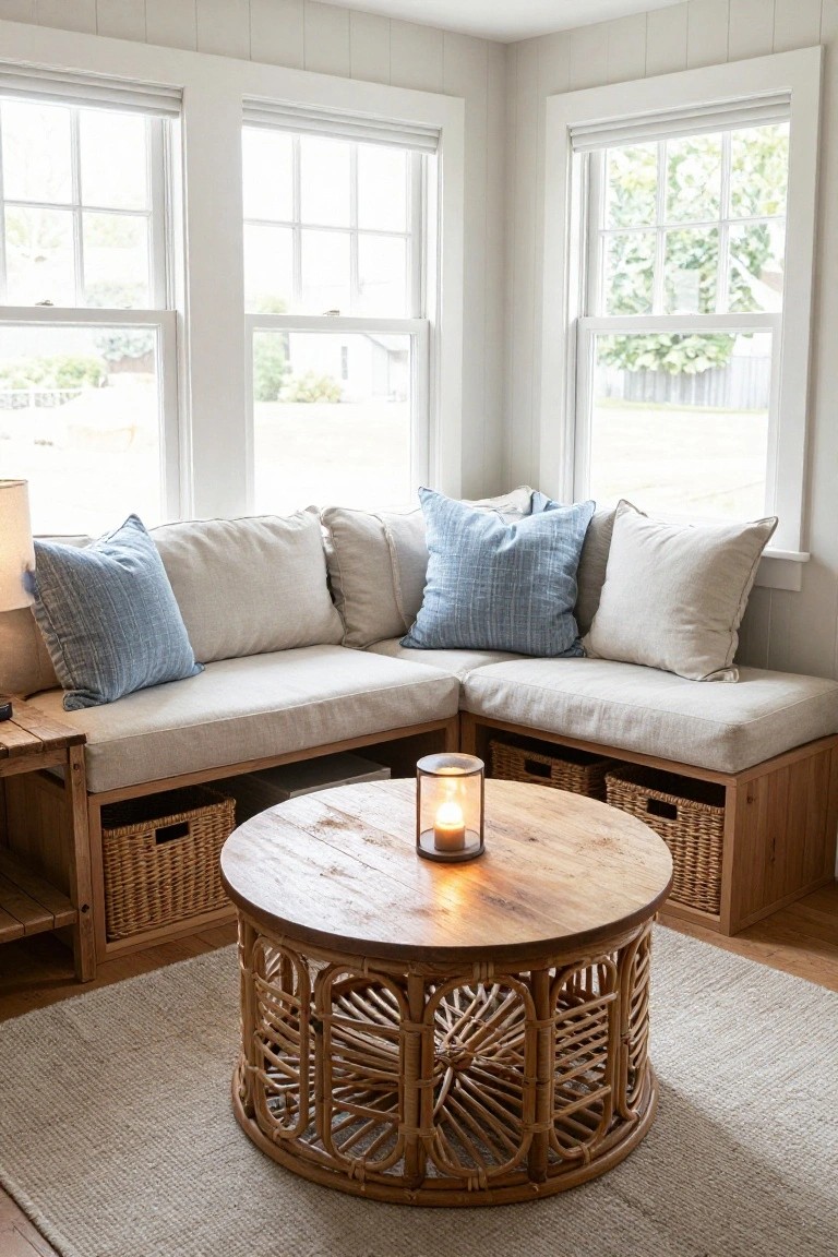Corner of a light-colored living room with an L-shaped wooden bench seat upholstered in beige fabric and blue pillows, storage cubbies below holding wicker baskets, a round rattan coffee table with a lit candle in the center, large white-framed windows overlooking greenery, and neutral shiplap walls.