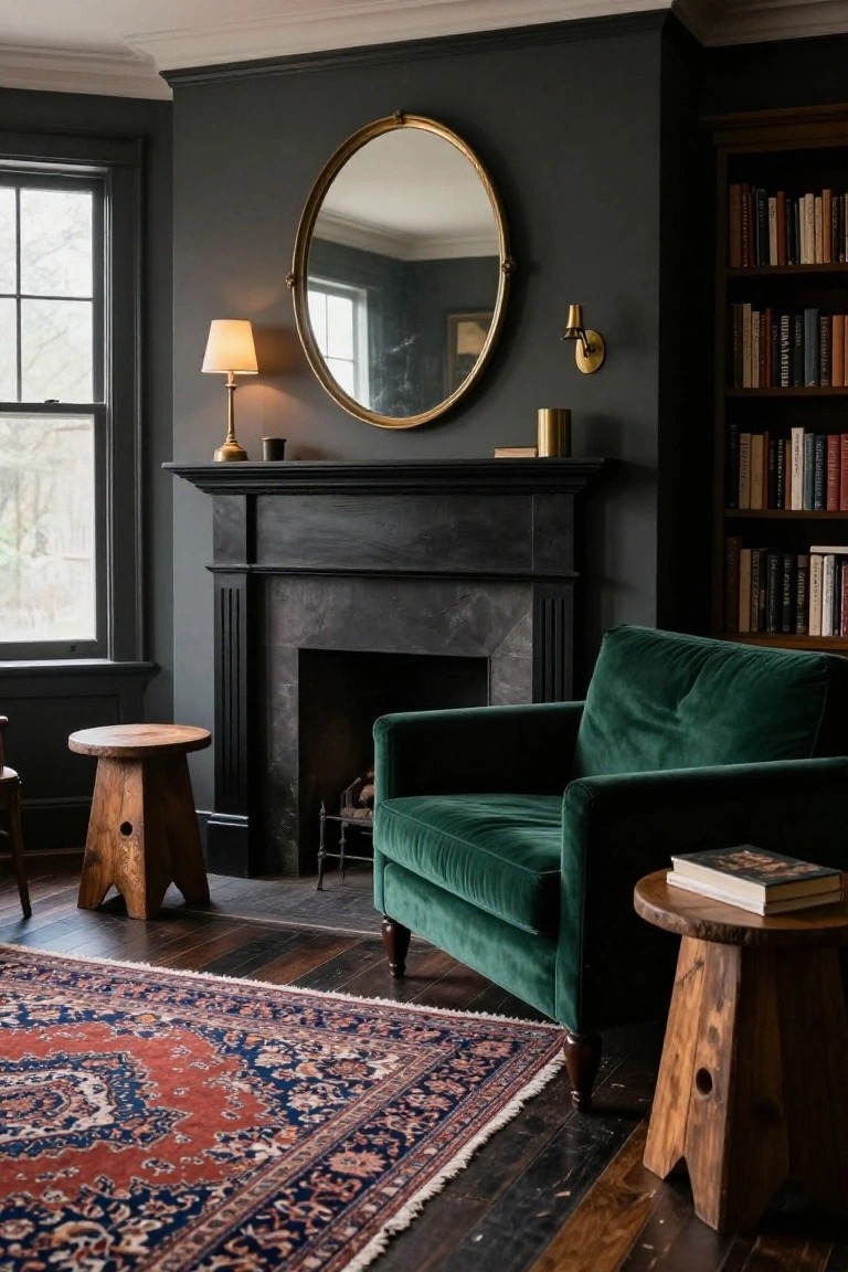 Cozy Green Armchair by the Fireplace