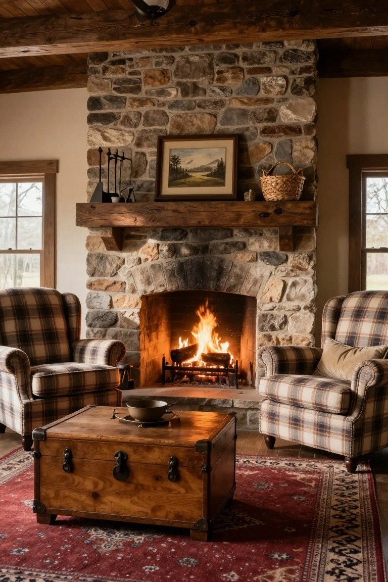 Living room with tall irregular stone fireplace and active fire, flanked by two plaid wingback armchairs with cushions, wooden trunk coffee table centered between them, wooden mantel shelf with painting and basket, plaid rug underneath, and exposed wooden beams on beige walls and ceiling.