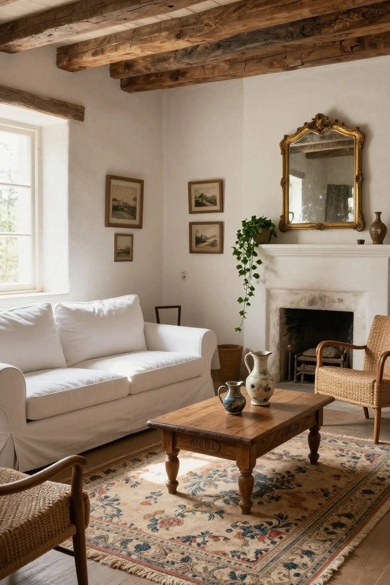 A farmhouse-style living room with dark exposed wooden ceiling beams, white slipcovered sofa, wooden coffee table, rattan chairs, white fireplace, gold-framed mirror, and patterned rug on wood floors.
