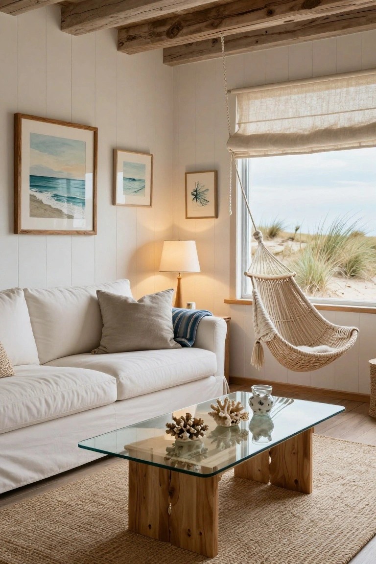 Living room with exposed wooden ceiling beams, white shiplap walls, white sofa with gray and blue pillows, glass coffee table holding seashells and a vase, beige hanging wicker chair by large window overlooking beach dunes and grass.