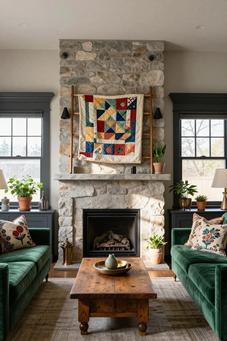 Living room featuring a tall stone fireplace with a colorful patchwork quilt draped over a wooden ladder leaning against the wall, flanked by green velvet sofas, a wooden coffee table, potted plants, and large windows.