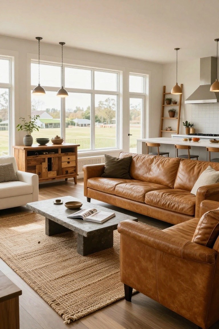 Bright open-plan living room with tan leather L-shaped sofa, white side chair, wooden sideboard and coffee table, seagrass rug on wood floors, large multi-pane windows showing fields and trees, and adjacent white kitchen island with wooden stools.