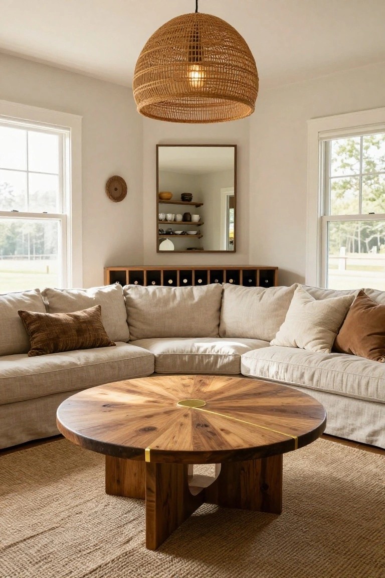 Corner of a light-colored living room with beige linen L-shaped sofa, round wooden coffee table featuring radial grain pattern and central brass circle, built-in wooden wine rack, round mirror on wall, and windows showing green fields outside.