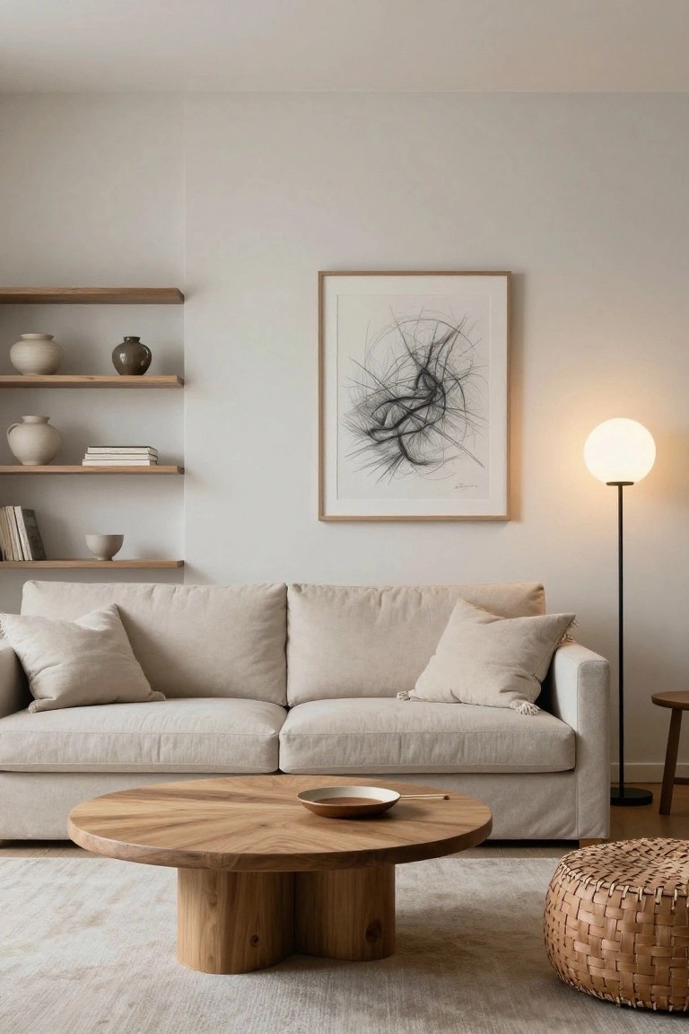 A minimalist living room with a beige sofa, round wooden coffee table holding a bowl, floating oak shelves displaying pottery and books, black line drawing art in a wood frame, white globe floor lamp on black stand, small wood side table, and woven rattan pouf on a light gray rug.