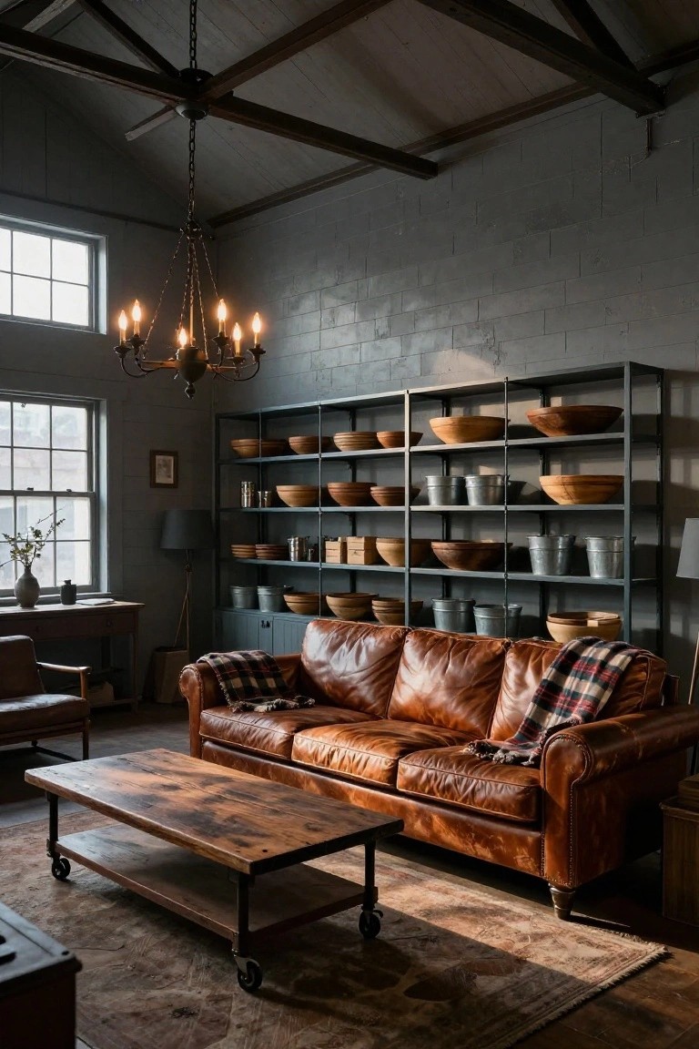 Living room with tan leather sofa, plaid throw blanket, rustic wooden coffee table on wheels, small desk and chair, and tall open black metal shelves filled with wooden bowls, metal buckets, and pottery against gray brick wall under wooden beam ceiling.