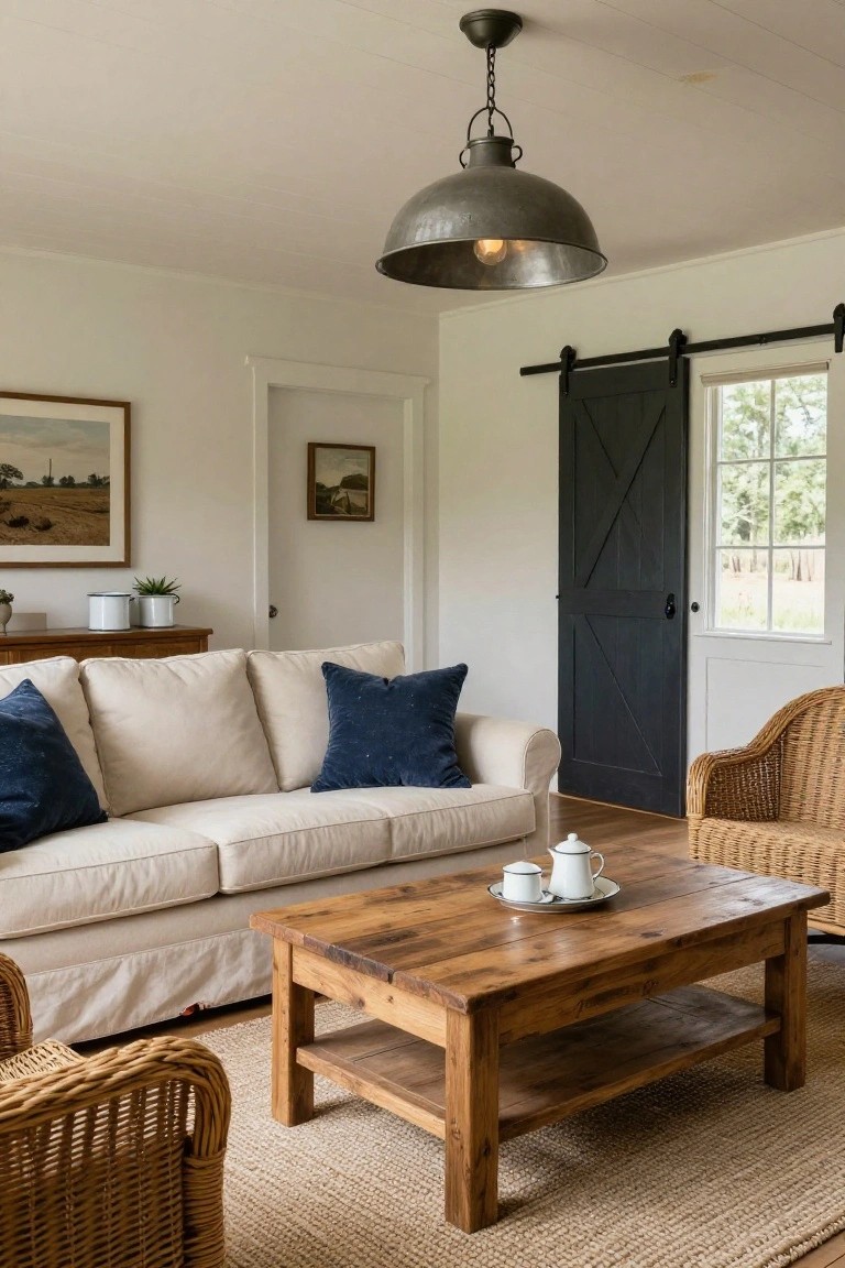 Farmhouse living room with beige slipcovered sofa and navy pillows, two rattan armchairs, rectangular wooden coffee table holding a white teapot and cup, black sliding barn door, galvanized pendant light, white walls, and seagrass rug.