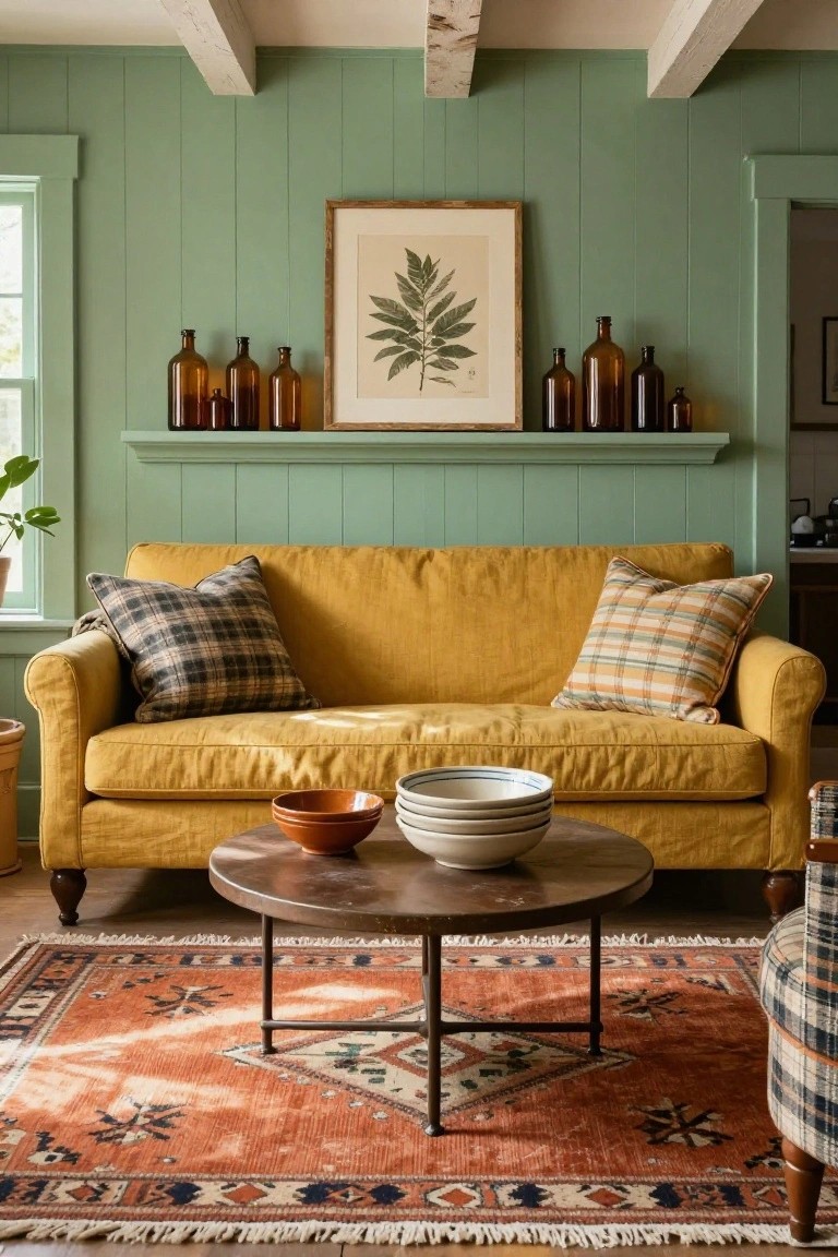 Living room featuring sage green shiplap walls, mustard yellow linen sofa with plaid pillows, round wooden coffee table holding stacked ceramic bowls, brown glass apothecary bottles on a wall shelf, orange patterned rug, and potted plants.