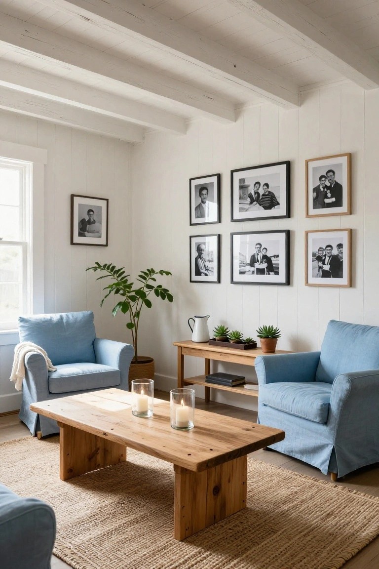 A farmhouse-style living room featuring two blue slipcovered armchairs flanking a low wooden coffee table on a seagrass rug, with a wooden side table holding plants and a pitcher, white shiplap walls with exposed beams, and a gallery wall of black-and-white framed photos.