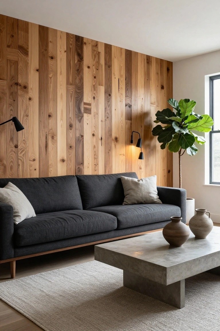 Living room with vertical light wood plank accent wall behind gray sofa, black wall sconces, large potted ficus plant, concrete coffee table with ceramic vases, and beige area rug on wood floor.