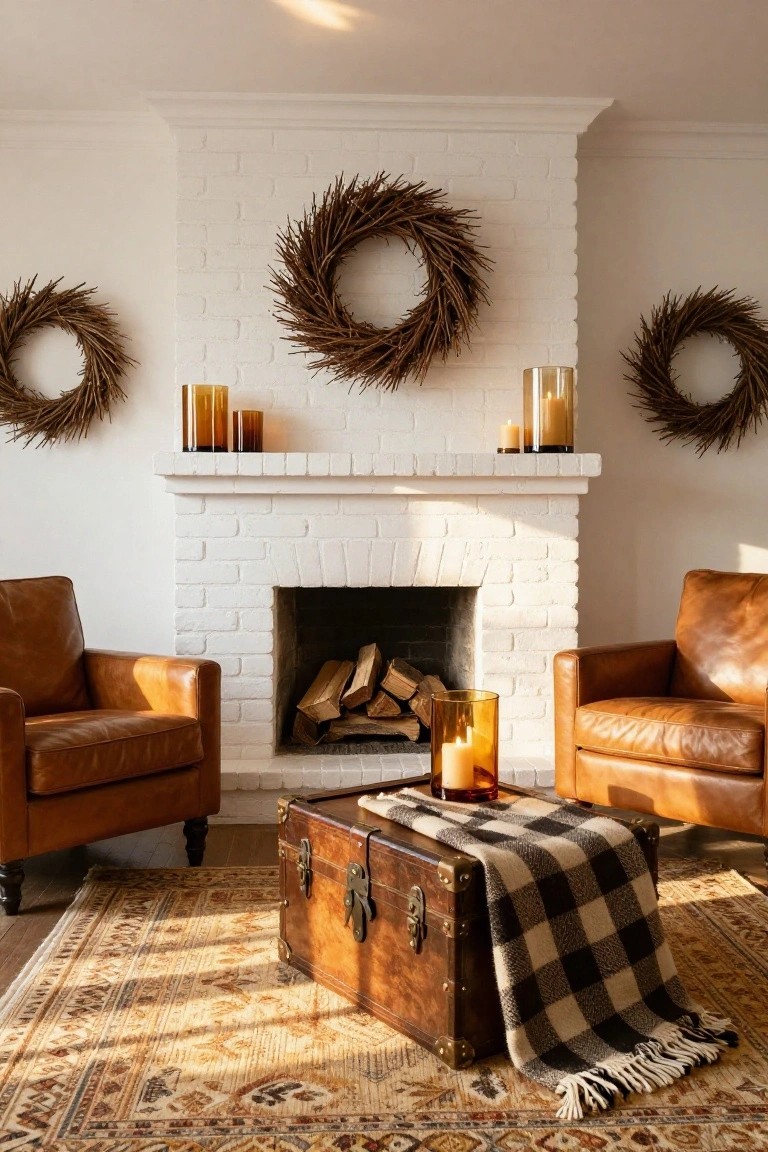 White brick fireplace in a sunlit living room flanked by three wheat wreaths, with amber glass candles on the mantel, tan leather armchairs, a wooden trunk coffee table draped in plaid blanket, and a patterned rug.