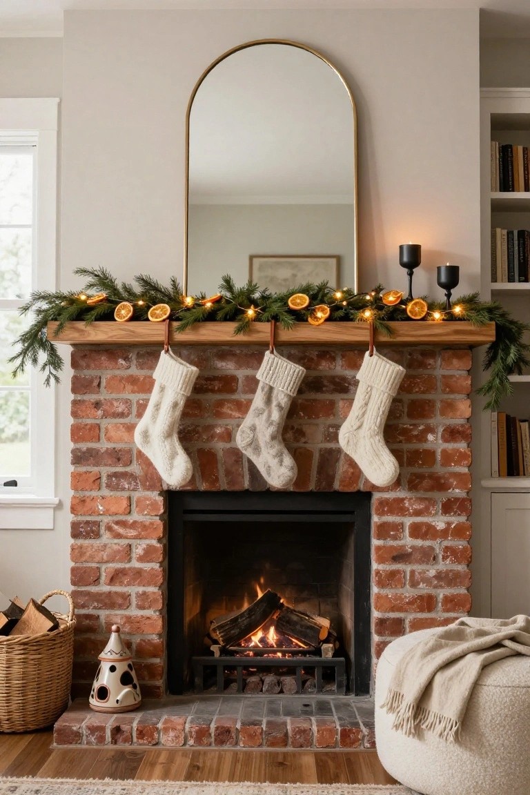 A brick fireplace mantel decorated for Christmas with three white knit stockings hanging from hooks, evergreen garland with dried orange slices and fairy lights across the wood mantel shelf, and a large arched gold-framed mirror mounted above, with a lit fire inside and nearby furniture in a light interior room.