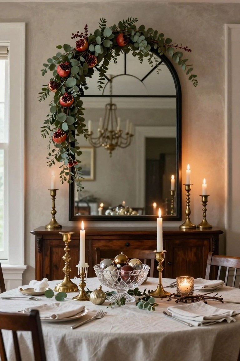 Black arched framed mirror on a beige wall above a wooden sideboard holding gold candlesticks with white candles, a glass bowl of gold ornaments, and eucalyptus sprigs, with matching garland of pomegranates and eucalyptus draped over the mirror's top, and a linen-set table in front.