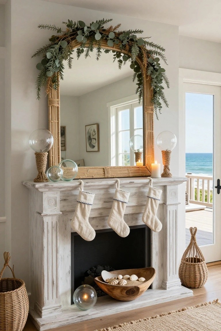 Arched Rattan Mirror Over Christmas Mantel
