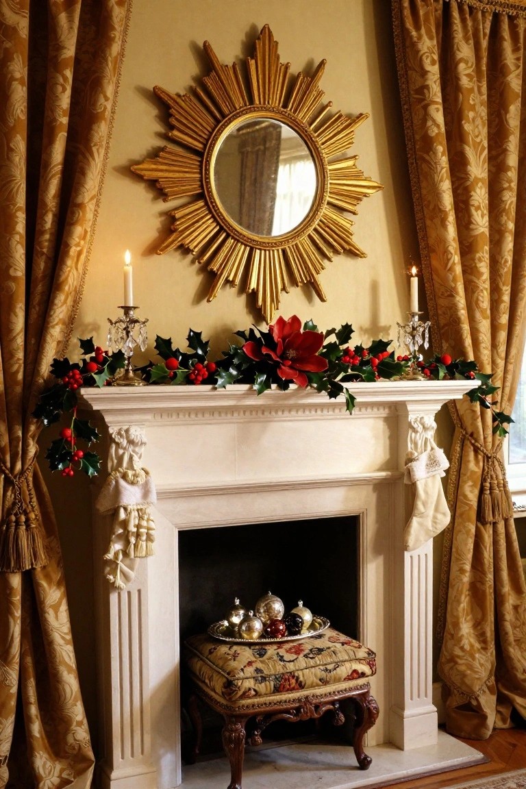 Gold sunburst mirror mounted above a white marble fireplace mantel decorated with poinsettia, holly garlands, red berries, candles, brass ornaments, and white stockings, with gold drapery on the sides and an upholstered footstool in front.